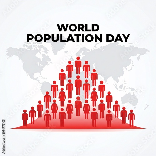 World population day infographic with red human icons with infographic featuring pyramid icons white background gray world map overpopulation
