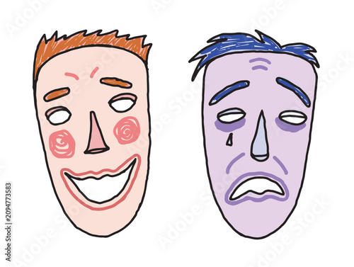 Two emotion masks, sadness and glad, outline hand drawn vector illustration