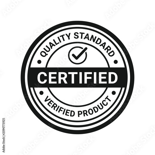 Certified quality standard stamp. Verified product seal icon. Professional business approval badge.