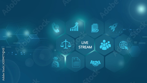 Foto Digital interface with a glowing blue hexagonal grid featuring the words live st