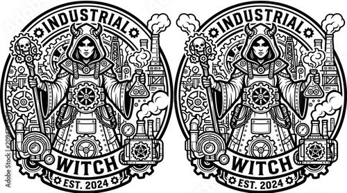 Photos Steampunk Witch Emblem with Gears and Alchemy Flasks, Industrial Magic Design
