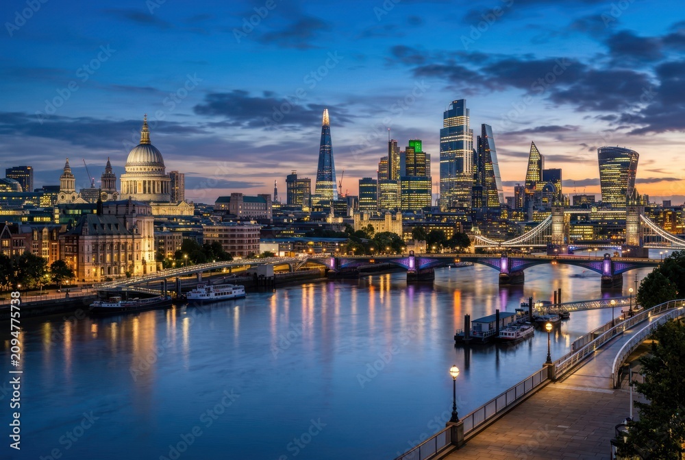 Obraz premium City skyline at dusk with river reflections and modern architecture
