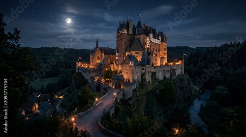 Haunted halloween castle at night spooky german fortress illuminated under a full moon