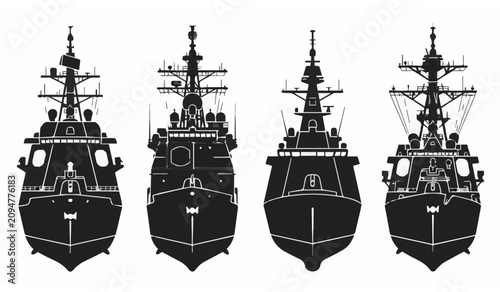 Naval Warship Silhouettes Set, Military Battleships and Destroyers, Maritime Fleet Isolated on White