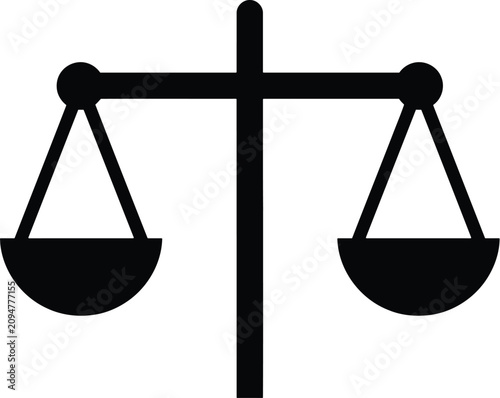 Simple black vector illustration of a balanced justice scale icon for legal and law concepts