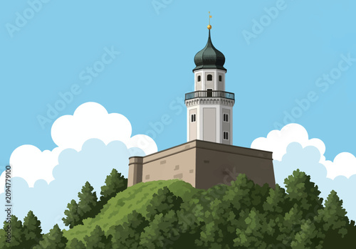 Vector illustration of a white tower with an onion dome and balcony situated on a stone fortress base atop a lush green hill with dense trees under a bright blue sky with clouds.