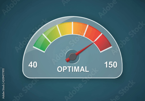 Performance meter vector with color gradient scale from green to red, featuring numeric markers 40 and 150, central text OPTIMAL, and a red needle indicating high value on blue background.