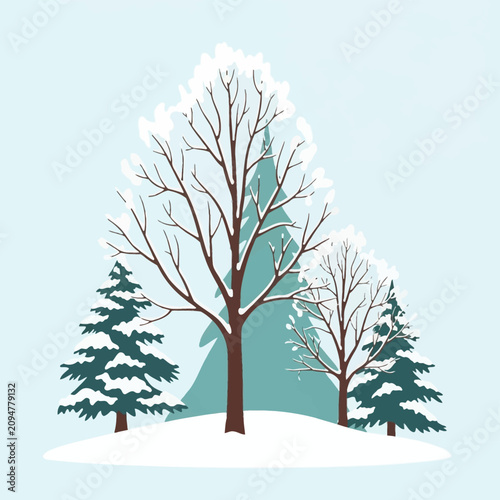 Minimalist flat vector illustration of winter trees with snow dusting on branches, including a central bare deciduous tree and flanking evergreen conifers on white snowy ground.