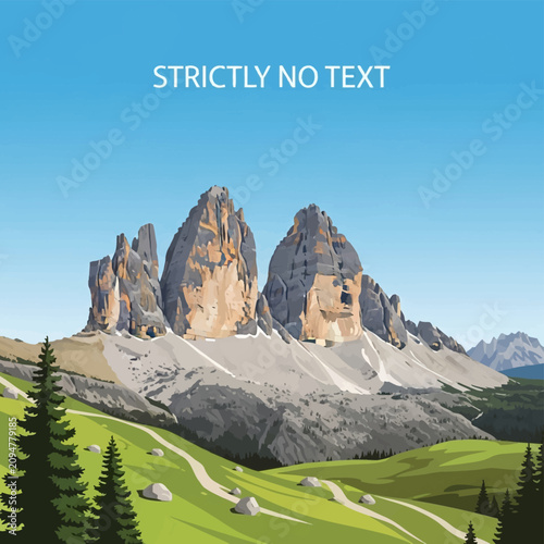 Realistic vector landscape illustration of Tre Cime di Lavaredo, the Three Peaks of Lavaredo in the Italian Dolomites, featuring scree slopes, green alpine meadows, and pine trees.