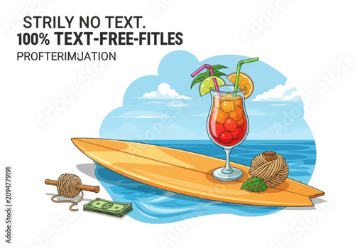 Vector illustration of a tropical cocktail in a hurricane glass on a yellow surfboard floating in the ocean with a stack of money and rope accessories against a blue sky background.