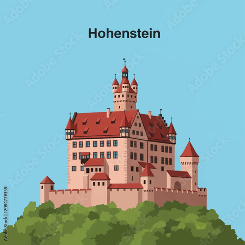 Flat vector illustration of Hohenstein Castle, a medieval stone fortress featuring red gabled roofs and multiple towers, situated on a green forested hilltop against a blue sky.