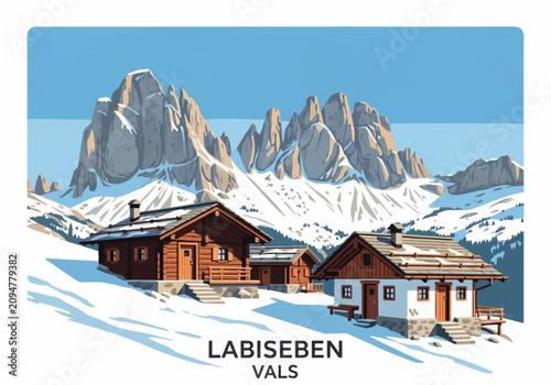Vector art of traditional mountain huts at Labiseben Vals in the snowy Alps. Flat design illustration of wooden chalets, rugged snow-capped peaks, winter landscape, and blue sky.