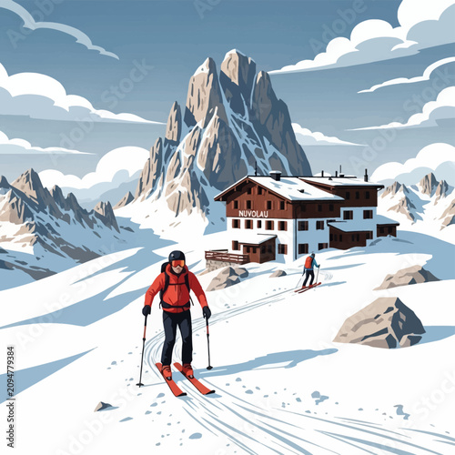 Vector illustration of the Nuvolau refuge in the Dolomite Alps with skiers in the foreground on a snowy mountain landscape featuring sharp peaks under a cloudy sky in winter.