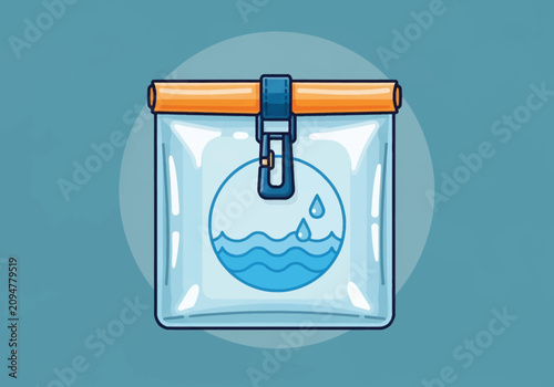 Transparent waterproof pouch with orange seal and blue buckle clip, featuring a water drop and wave graphic icon, outdoor storage gear vector illustration on blue background.