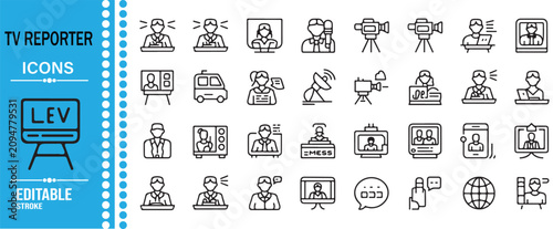 Obraz na płótnie TV Reporter, Journalist and News Broadcast Outline Icon Set