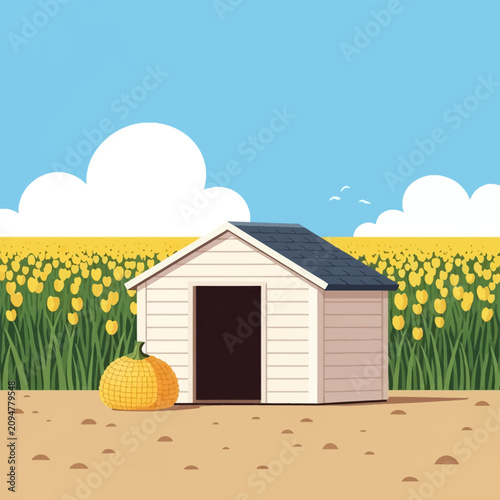 Minimalist vector illustration of a small white shed in a vast field of yellow flowers under a blue sky with clouds and a large yellow pumpkin on the dirt foreground.