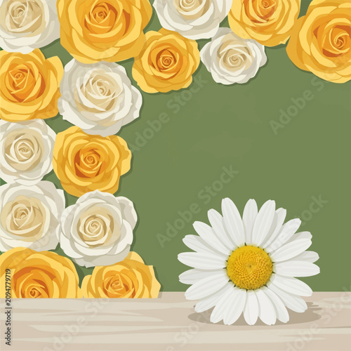Vector illustration of yellow and white roses border with single white daisy on green background and wooden surface, floral frame for greeting cards and seasonal decorations.