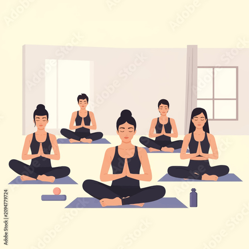 Vector illustration of five women practicing seated meditation in a yoga studio. The group is in Sukhasana pose with prayer hands on mats in a bright minimalist indoor environment.