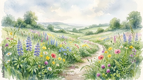 Watercolor wildflowers, green hills, winding path landscape, floral scenery