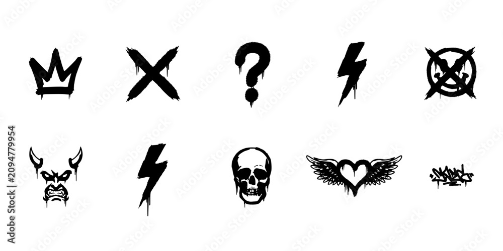Fototapeta premium Symbols Featuring Crown, Cross, Question Mark, Lightning Bolt, No Symbol, Devil, Skull, Heart with Wings, and Thorns