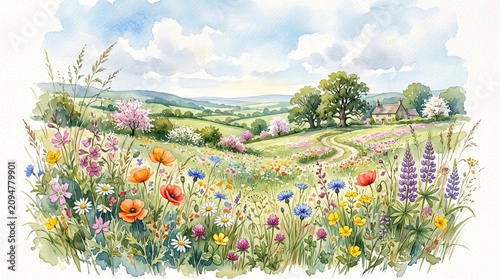 Vibrant wildflowers, colorful blooms, lush green field, scenic landscape