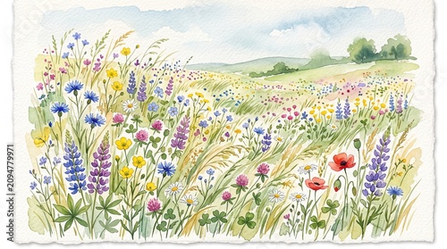 Watercolor wildflowers, colorful meadow, floral landscape, nature scenery