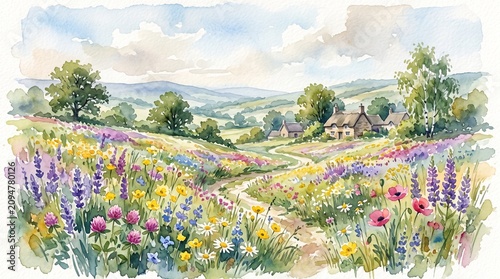 vibrant wildflower field, countryside landscape, watercolor painting, floral scenery