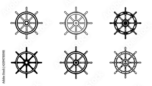 Ship Wheels in Various Styles and Designs, Including Geometric and Floral Patterns, Depicted in Black and White.