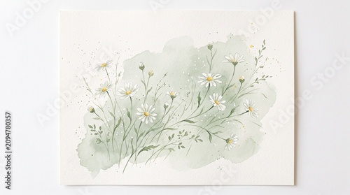 Watercolor floral painting, white flowers on green background, botanical art, nature illustration