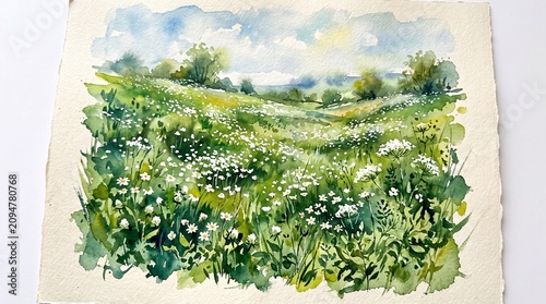 Watercolor field, green landscape, white wildflowers, rural scenery, nature background