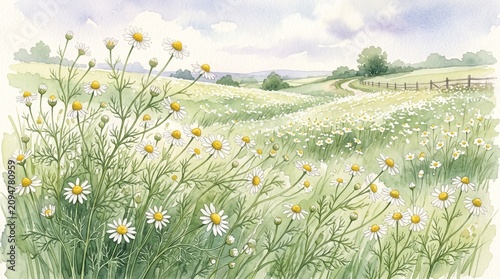 Watercolor wildflowers, green field, sunny landscape, floral scenery