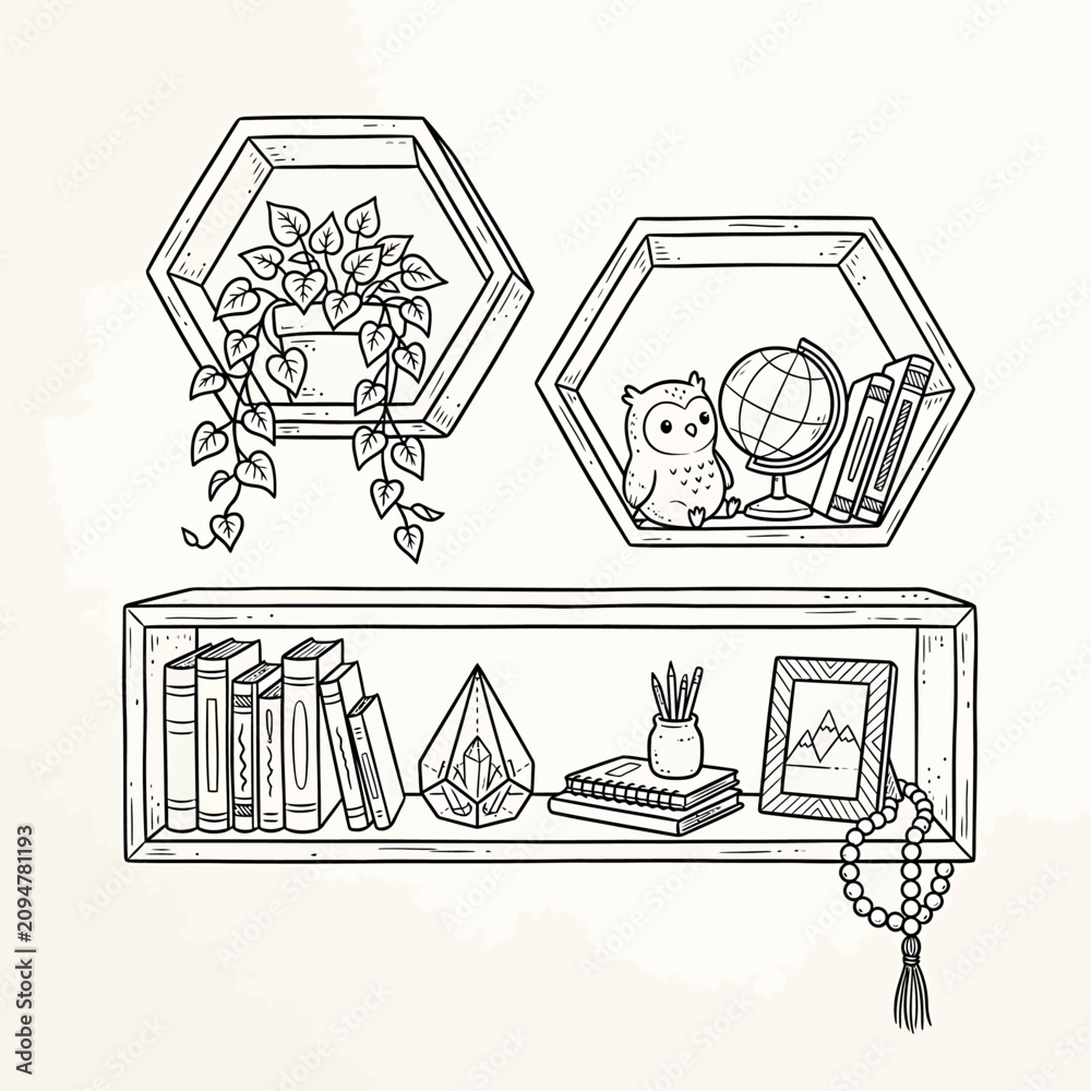 Naklejka premium Minimalist hand drawn line art shelf with plants and decorative