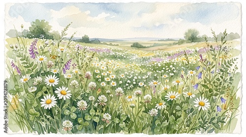 Watercolor wildflowers, green grass field, summer landscape, floral meadow