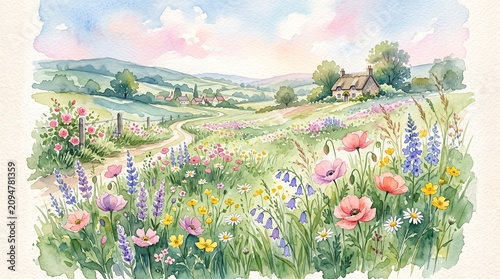 Watercolor wildflowers, green landscape, countryside scenery, floral meadow