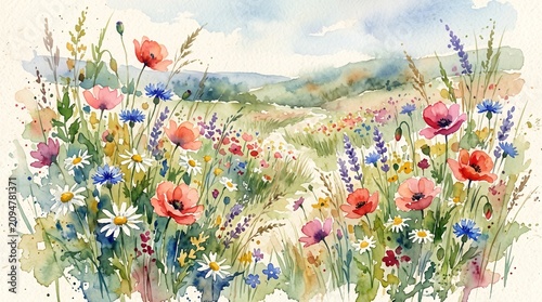 Vibrant wildflowers, colorful blooms, floral landscape, watercolor flowers