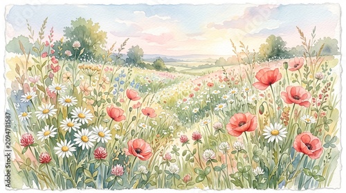 Vibrant wildflowers, poppy field, colorful meadow, floral landscape, serene nature scene