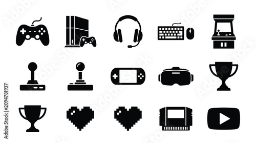 Video Game Icons Set with Controller, Console, Arcade Cabinet, VR Headset, and Pixel Heart Vector Glyphs
