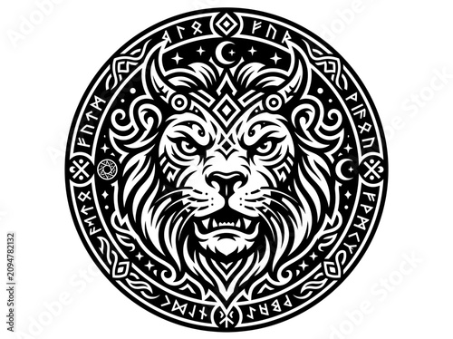 Tableau sur toile Tribal Lion Head Emblem with Runes and Celestial Symbols