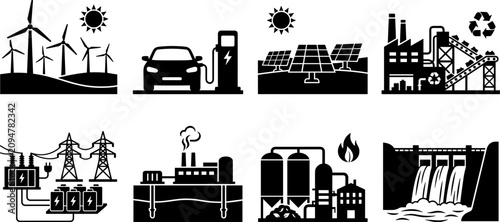 Tableau sur toile Renewable and industrial energy icons set with wind turbines, solar panels, elec