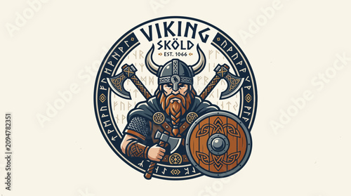 Photos Viking Warrior with Axes and Shield, Norse Mythology Emblem