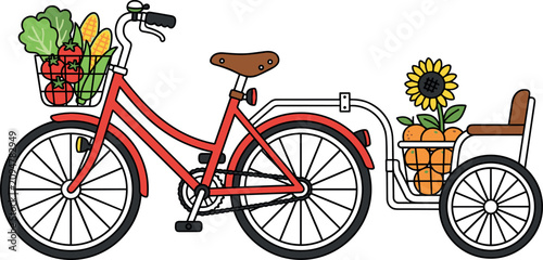 Tableau sur toile Red bicycle with trailer vector illustration loaded with fresh organic market ve