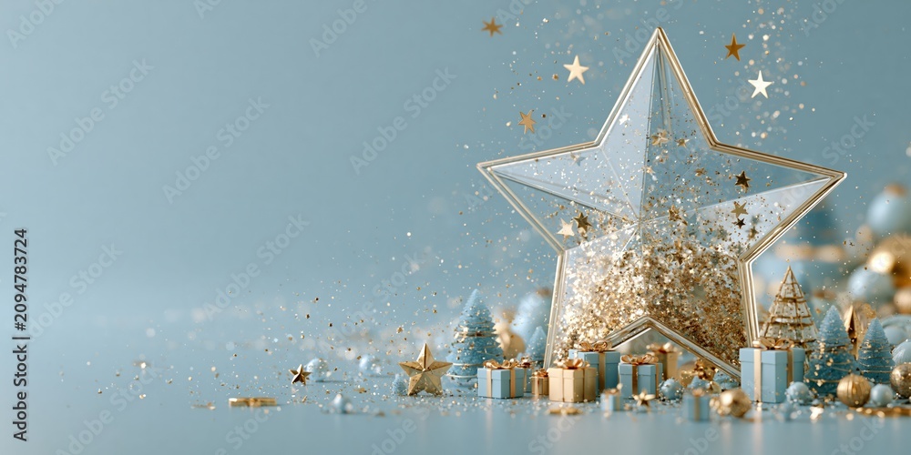 Fototapeta premium A large transparent star frame filled with golden glitter surrounded by blue and gold Christmas trees and gifts on a soft blue background.