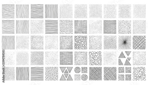 Diverse collection of fifty square textures including line, dot, grid, and geometric patterns for graphic design backgrounds and overlays.