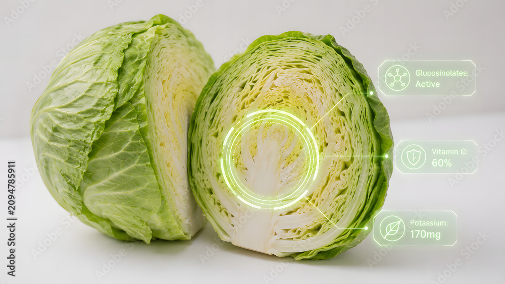 Fototapeta premium A green cabbage cut in half to reveal its cross-section structure, overlaid with a glowing green digital hologram displaying data for glucosinolates, vitamin C, and potassium.