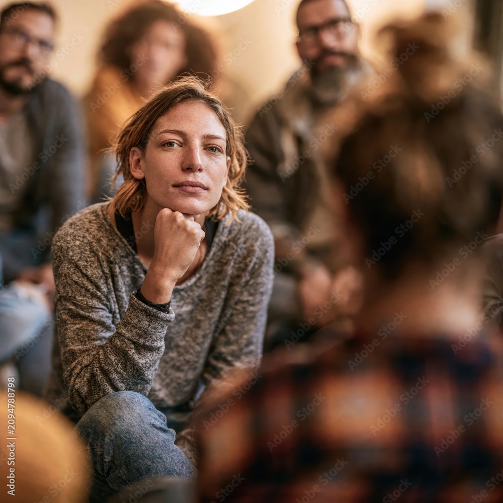 Fototapeta premium A thoughtful woman engages in a discussion with a group, showcasing an atmosphere of connection and attentiveness.