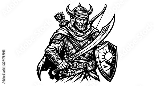 Foto Warrior Archer with Sword and Shield, Ancient Warrior, Medieval Fighter, Fantasy