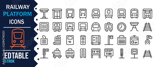 Train Travel Infrastructure Editable Stroke Icon Set