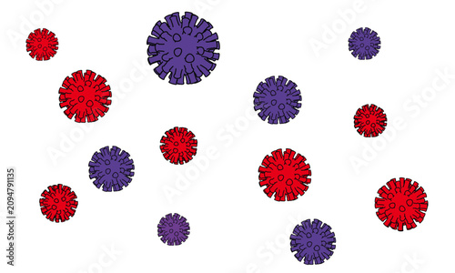 A Simple and Stylized Medical Illustration of Red and Purple Virus Particles or Germs Floating Across a Clean White Background for Health Design