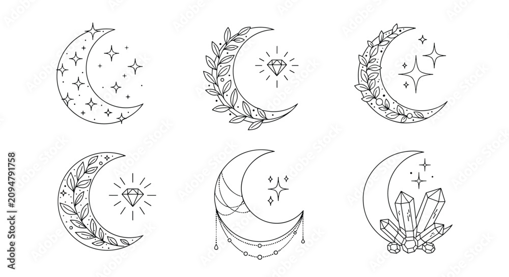 Fototapeta premium Collection of six decorative crescent moon icons featuring celestial and nature elements like stars, leaves, and crystals.