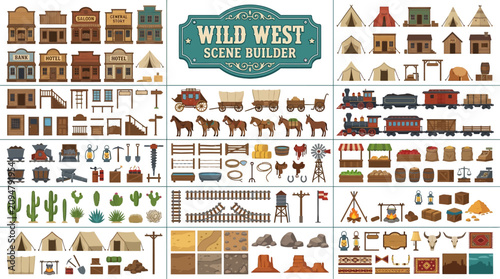 Detailed Pixel Art Wild West Scene Builder Kit with Frontier Town Structures, Transport, Tools, and Desert Elements